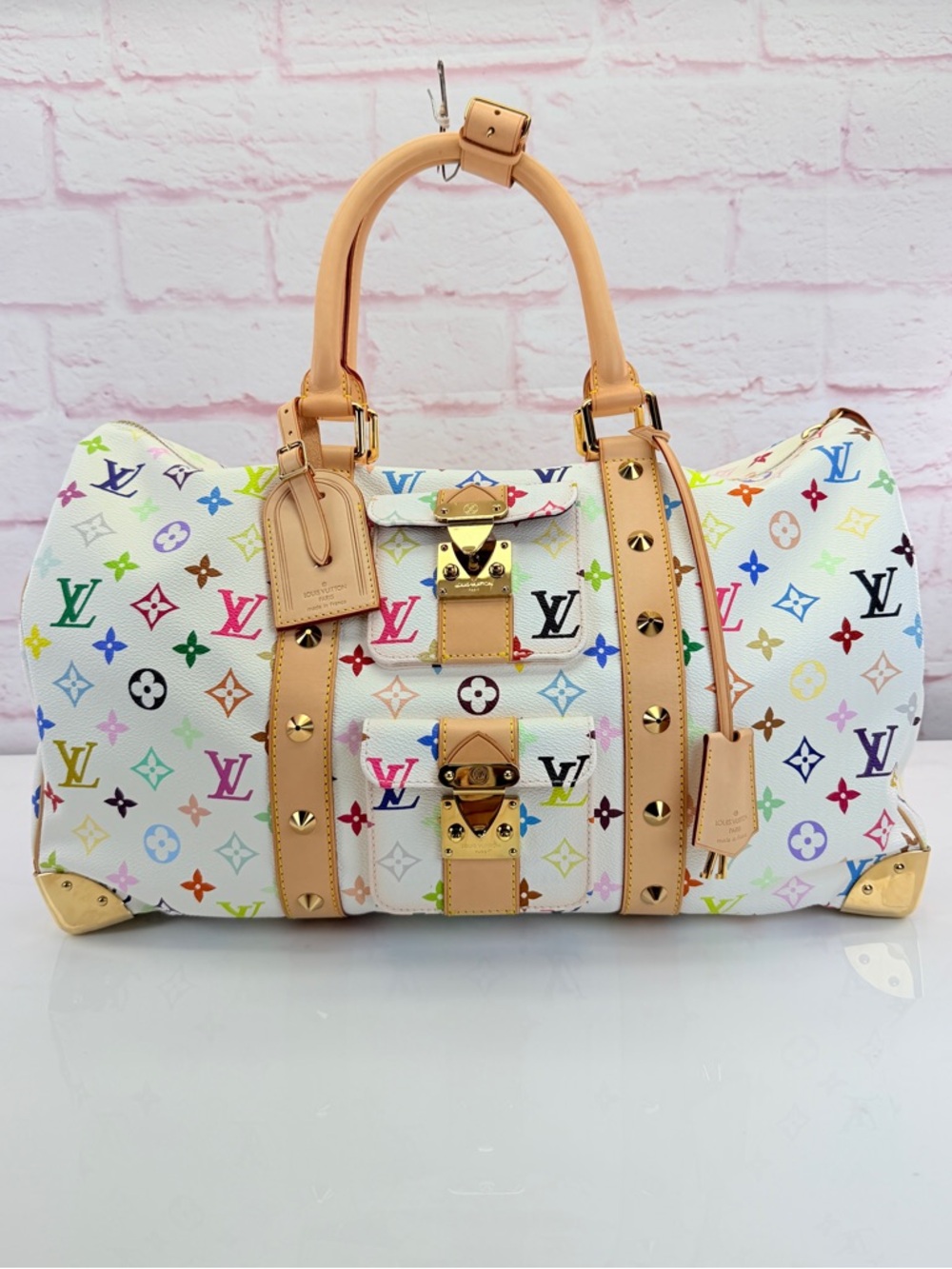 Louis Vuitton Multicolor Murakami Monogram White Canvas Keepall 2003 45 - Picture 2 of 16